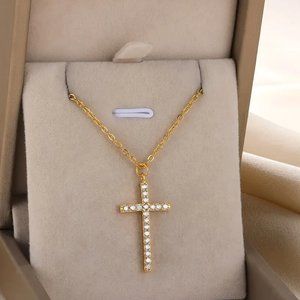 Vintage Zircon Cross Necklace Boho Charm Pendant Clavicle Chain Minimalist